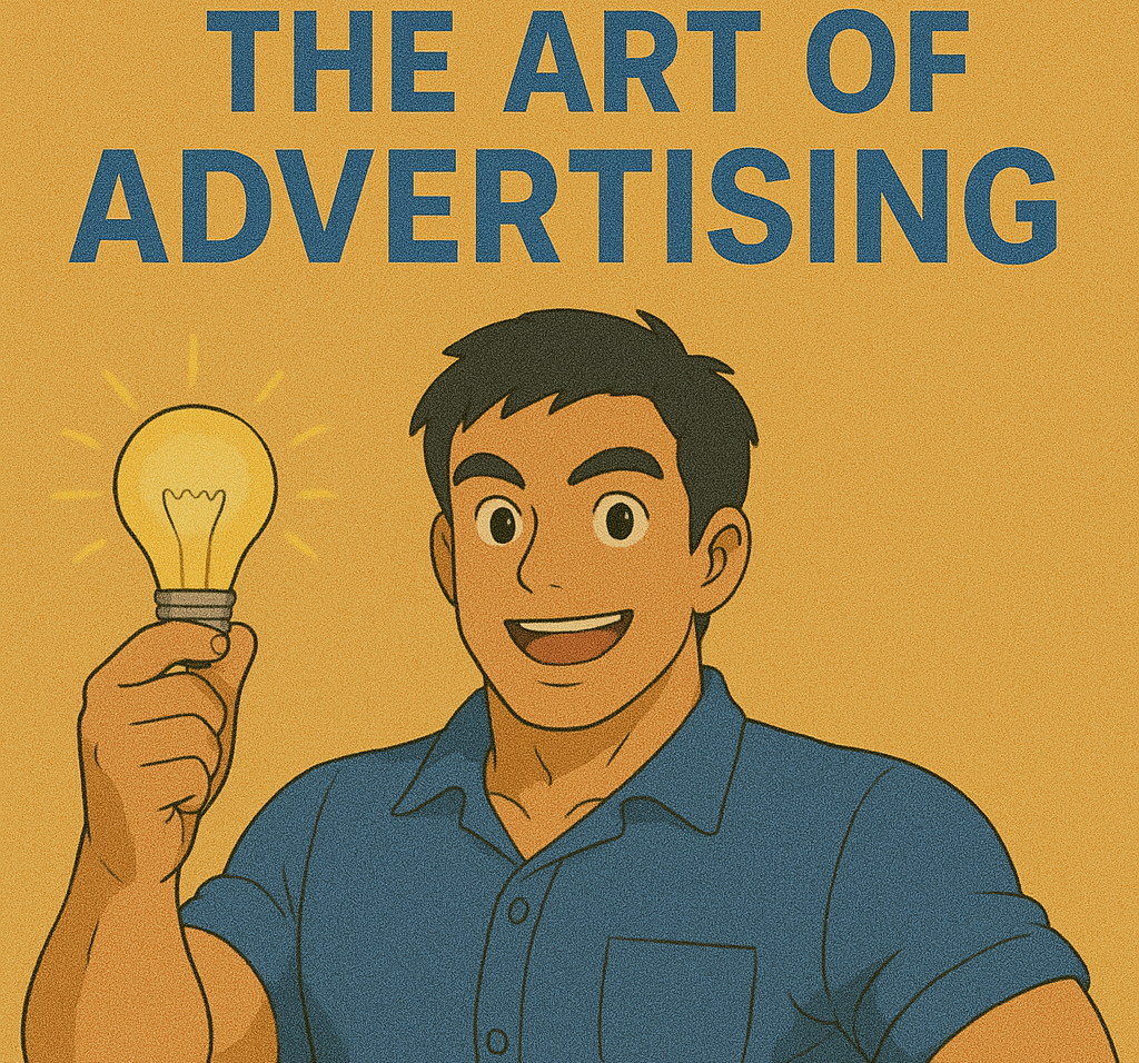 A man standing and holding a lightbulb, with the title "The Art of Advertising" displayed in bold letters above his head.