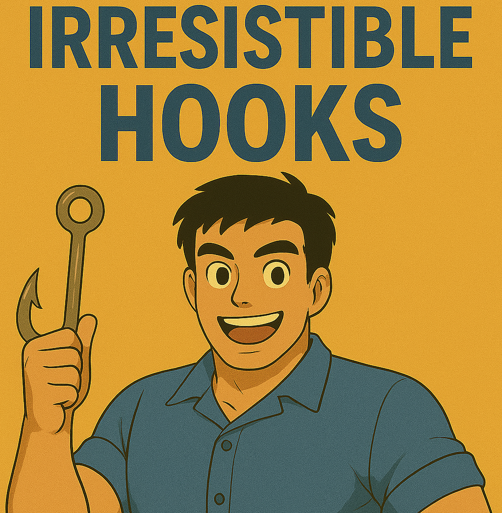A man standing and holding a hook, with the title "Irresistible Hooks" displayed in bold letters above his head.