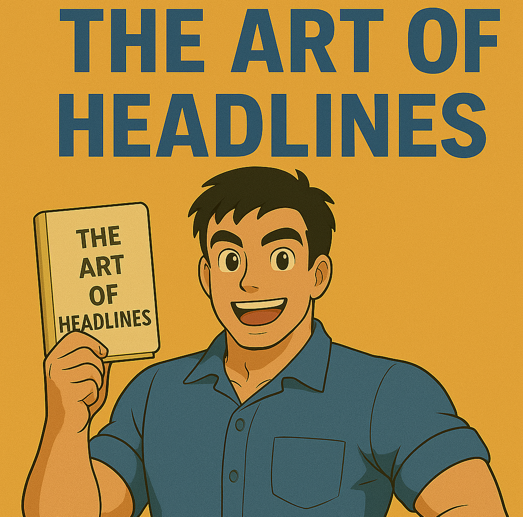 A man standing and holding a book, with the title "The Art of Headlines" displayed in bold letters above his head.